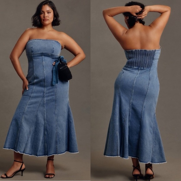 Anthropologie Pilcro Icon Fluted Strapless Denim Midi Dress Smocked Back Large - Picture 3 of 16